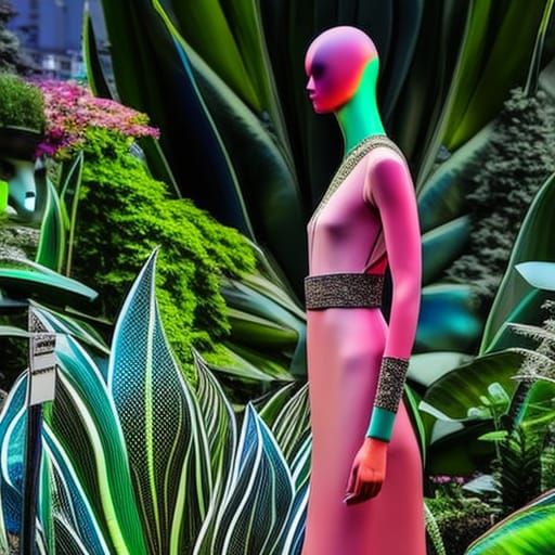 Futuristic Mannequin in Cyberpunk Cityscape