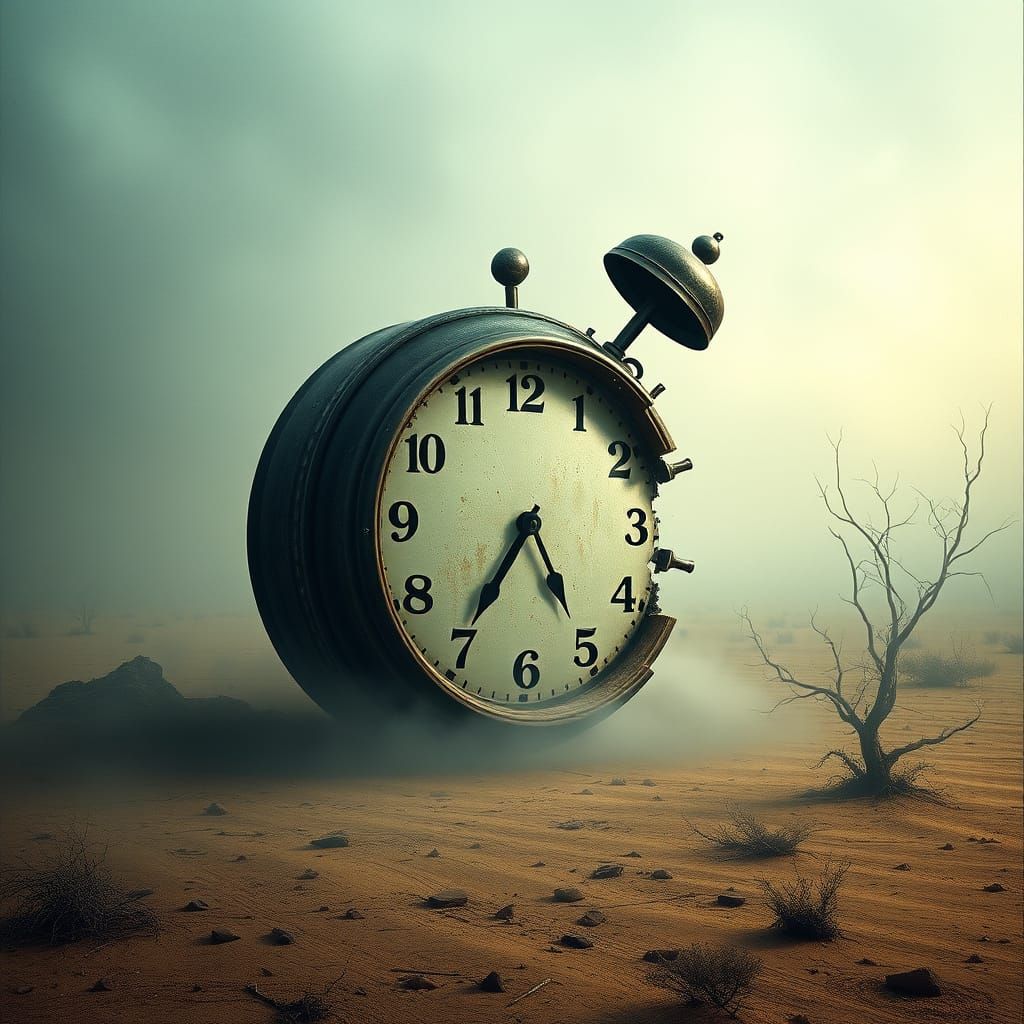 Melting Clock in Misty Landscape, Surreal Dreamscape
