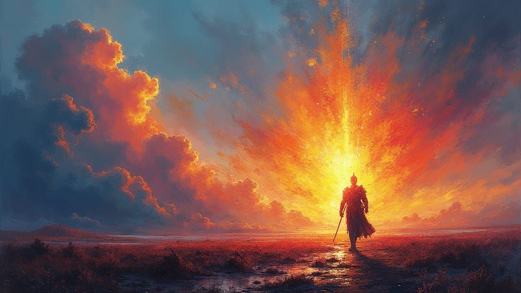 Glowing Knight in Radiant Glyph Landscape, a Vibrant Splash ...