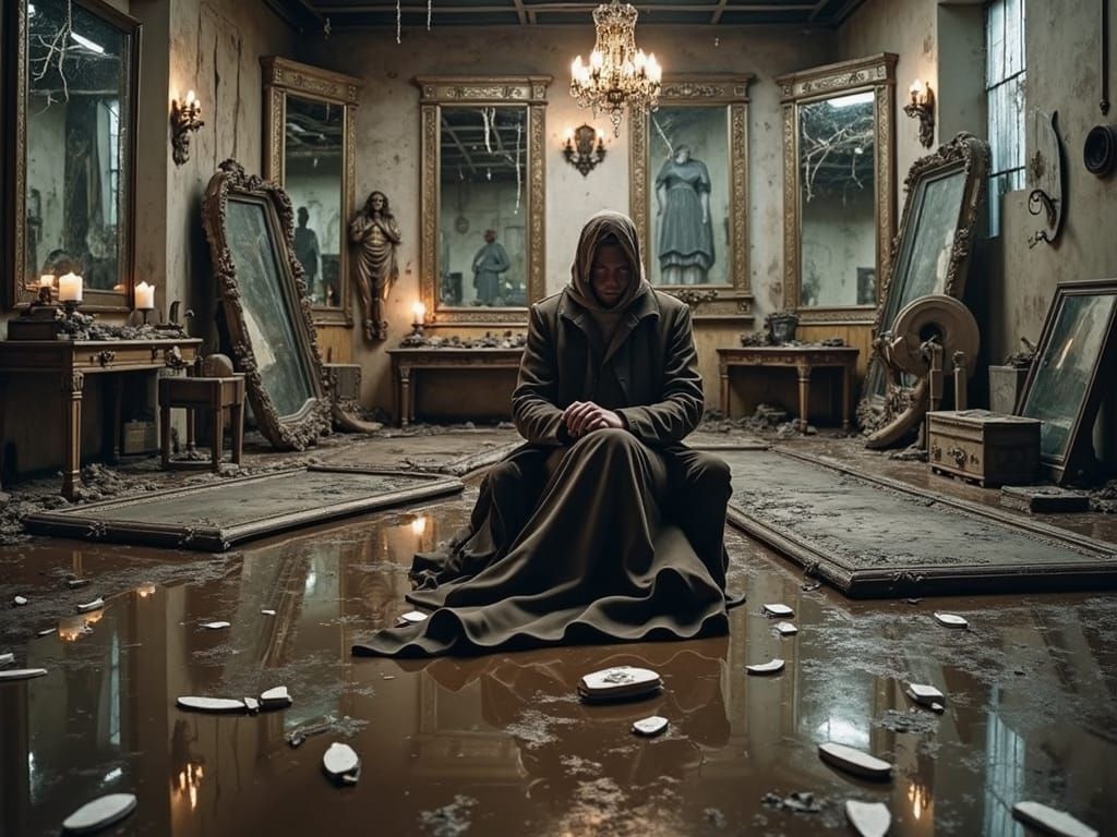 Eerie Dystopian Figure Surrounded by Broken Mirrors