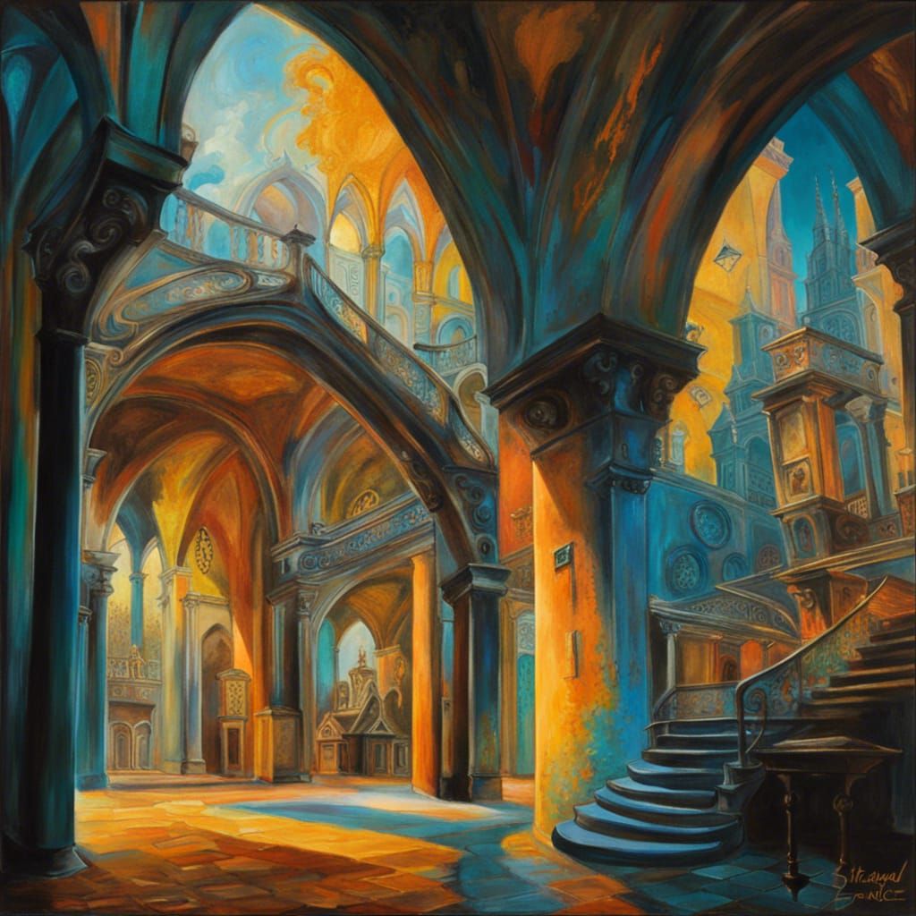 Surreal Museum in Gothic Building with Magic Waves