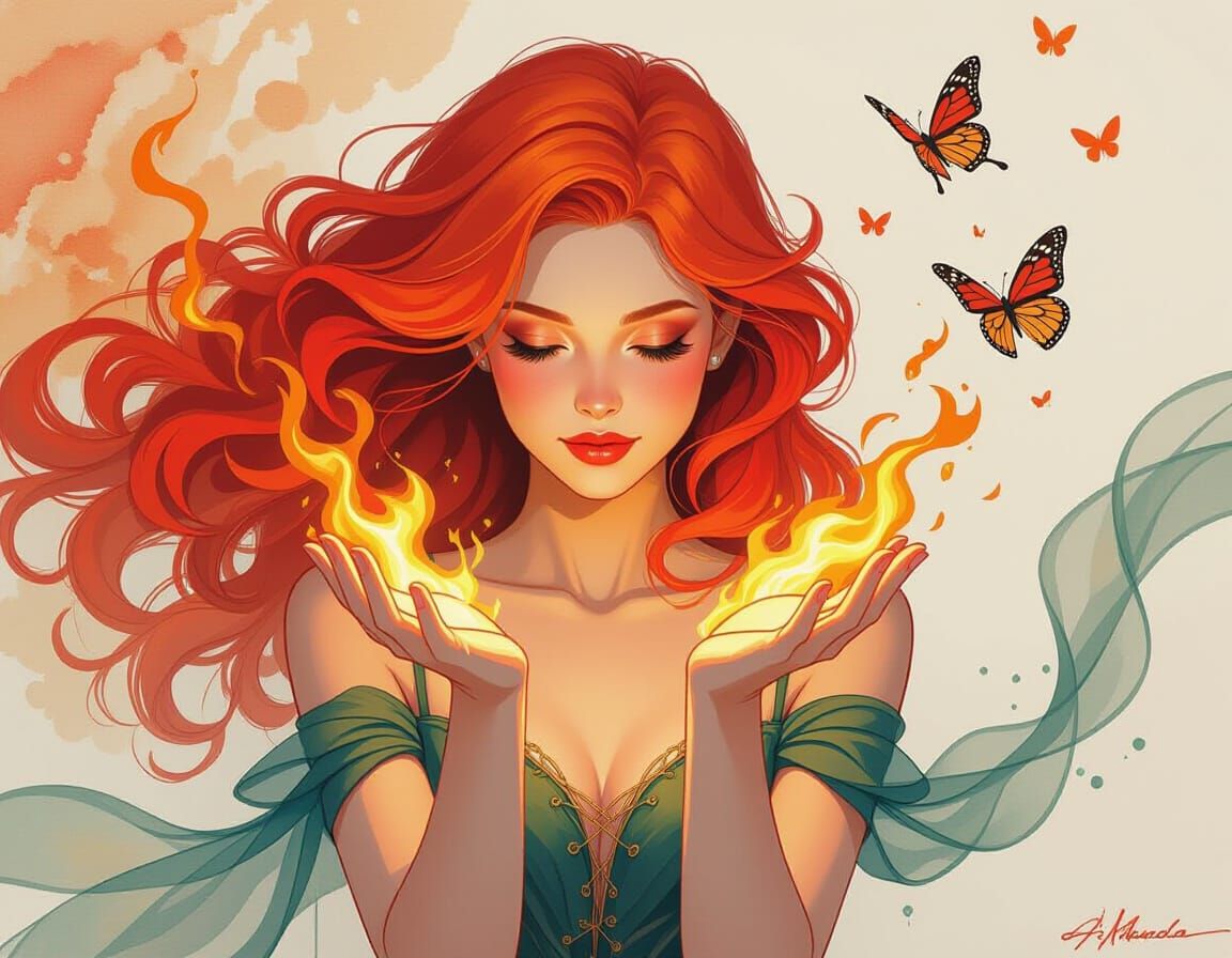 Fiery Red-Haired Girl with Butterflies in Impressionistic St...