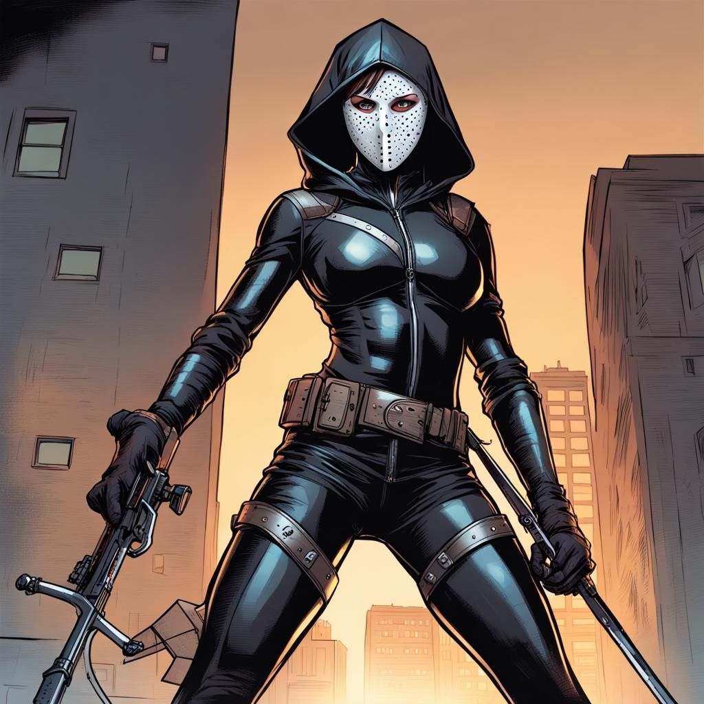 Hyperdetailed Ebony Vigilante with Crossbow in Comic Style