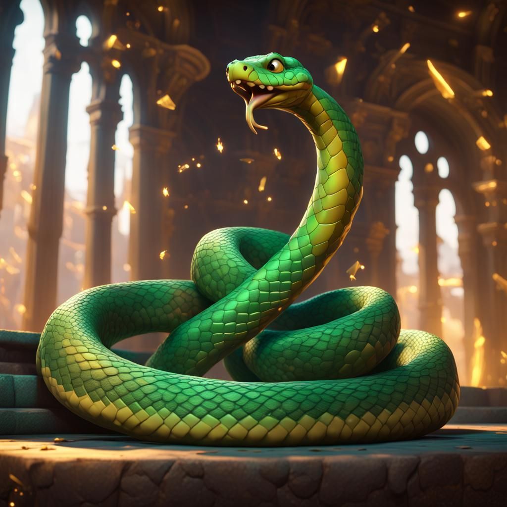 Sparkling Green Snake in Abandoned Castle: 3D Digital Art