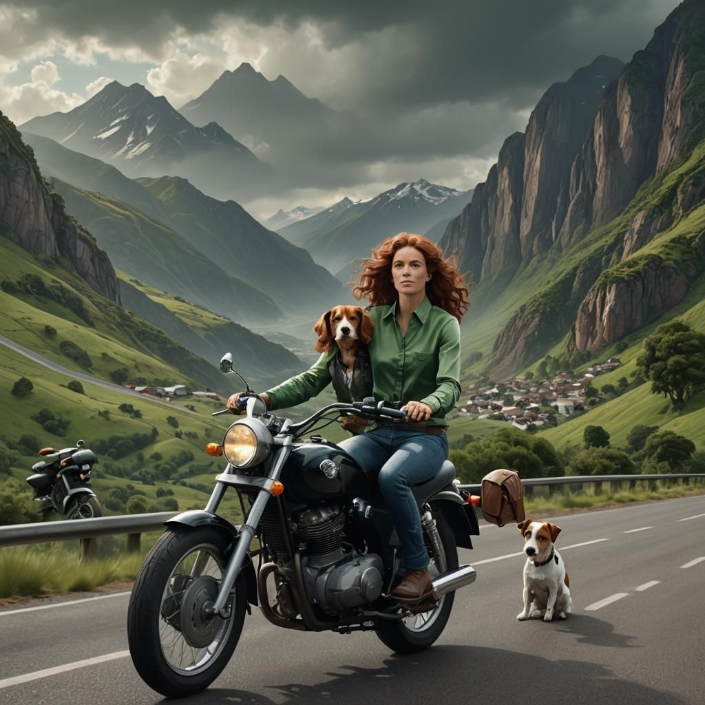 Woman on Motorbike with Dog, Digital Matte Painting