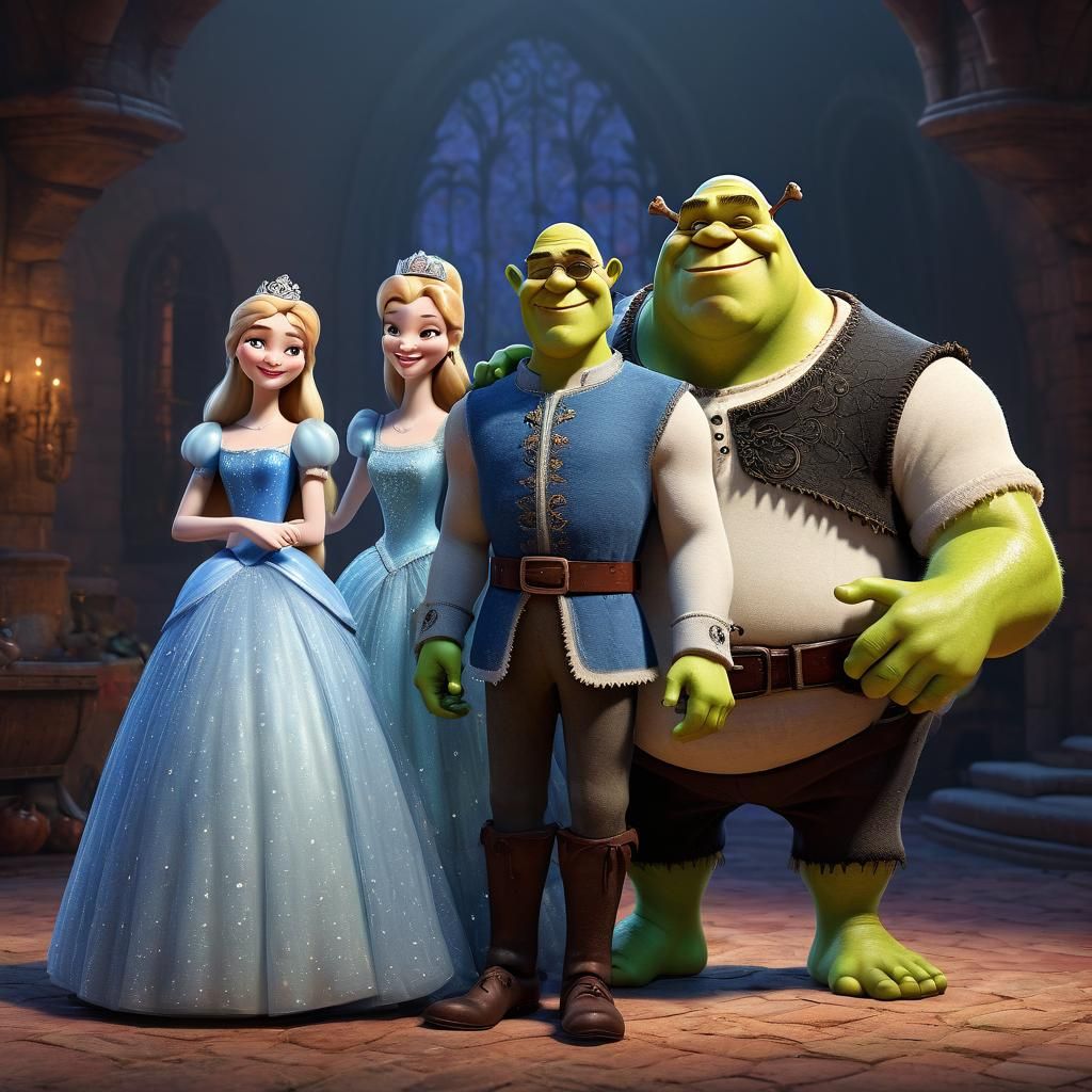 Skinny Shrek with Princesses: 3D Digital Art