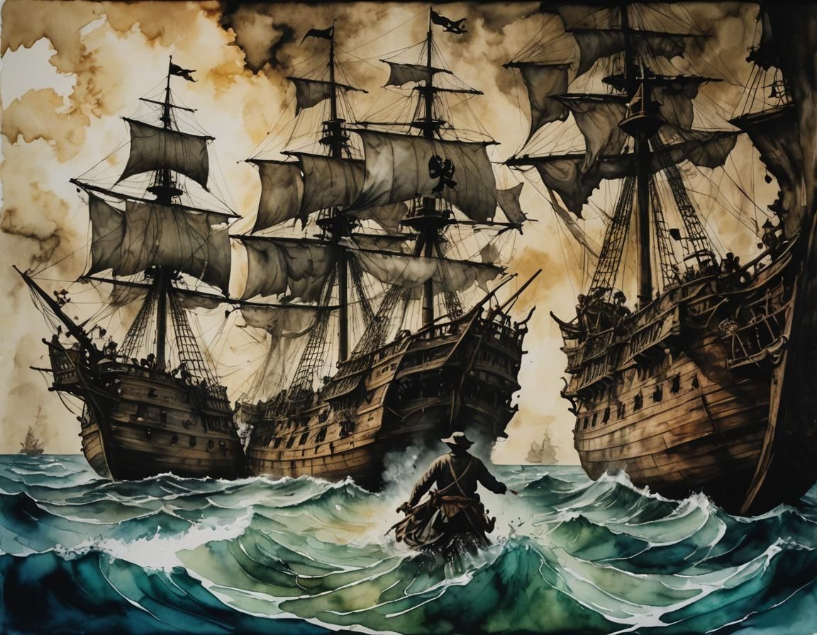 Baroque Pirates Engulf Spanish Treasure Ship in Dramatic, Sh...