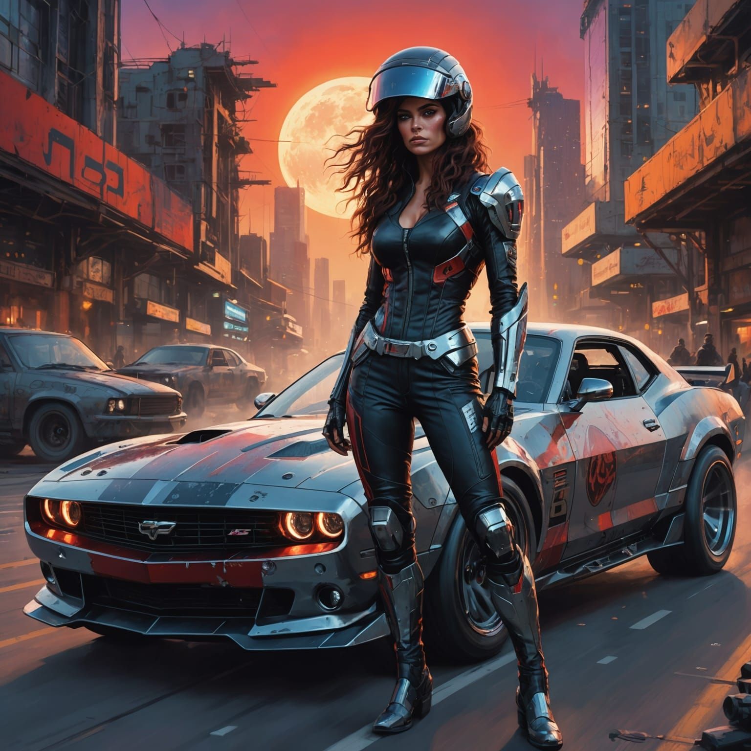 Cyborg Racer in Cyberpunk City at Sunset