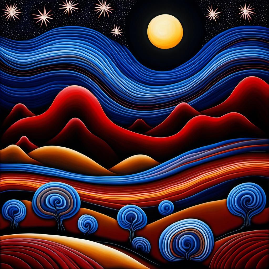 Aboriginal Dreamtime Landscape Painting with Moon and Stars
