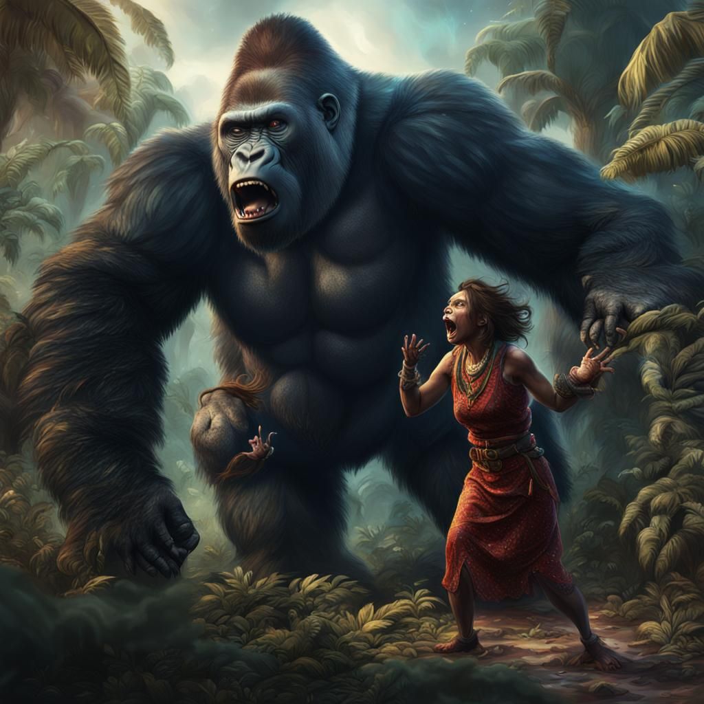 Woman Arguing with Gorilla: Fantasy Concept Art