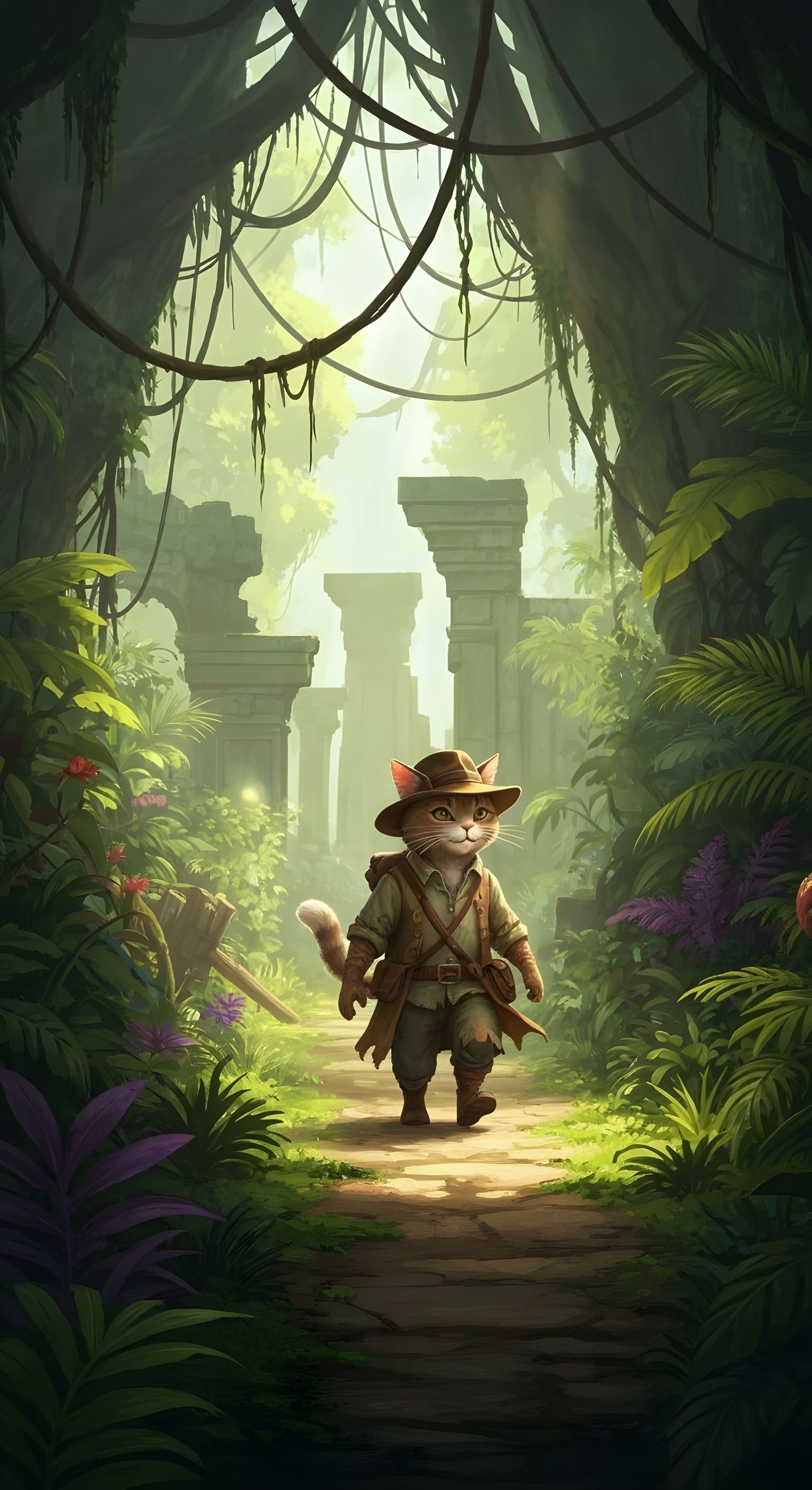 Cat Adventurer in Jungle Ruins Digital Illustration