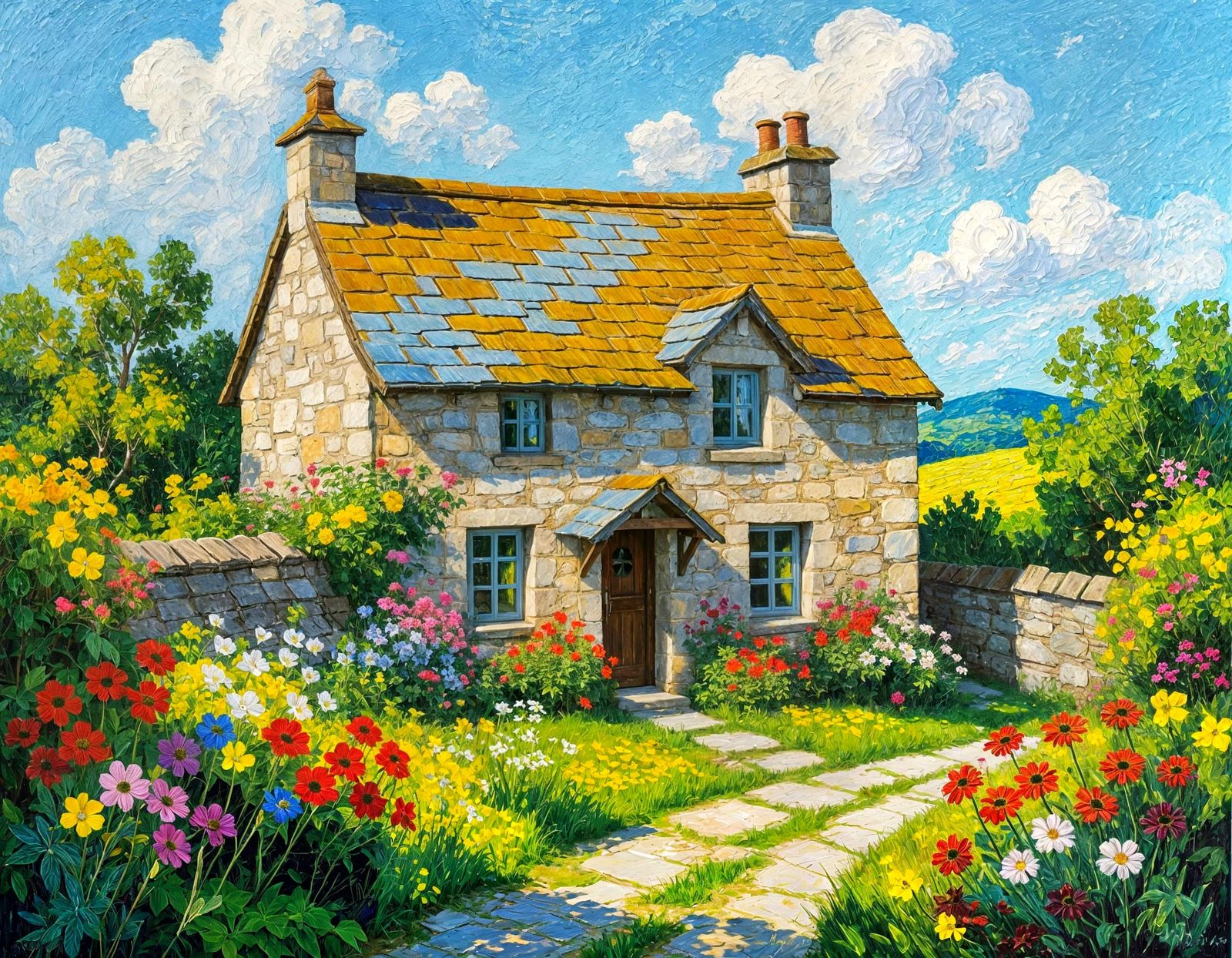Serene Stone Cottage Amidst Blooming Gardens - Oil Painting