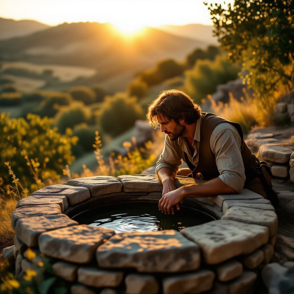 Hero at Ancient Well, Cinematic Film Still