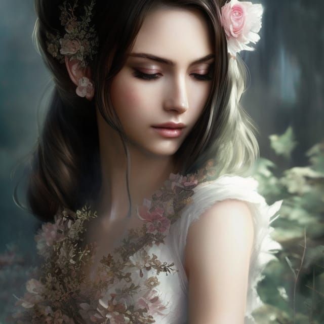 Beautiful Elf Girl in Flower Armor, Digital Illustration