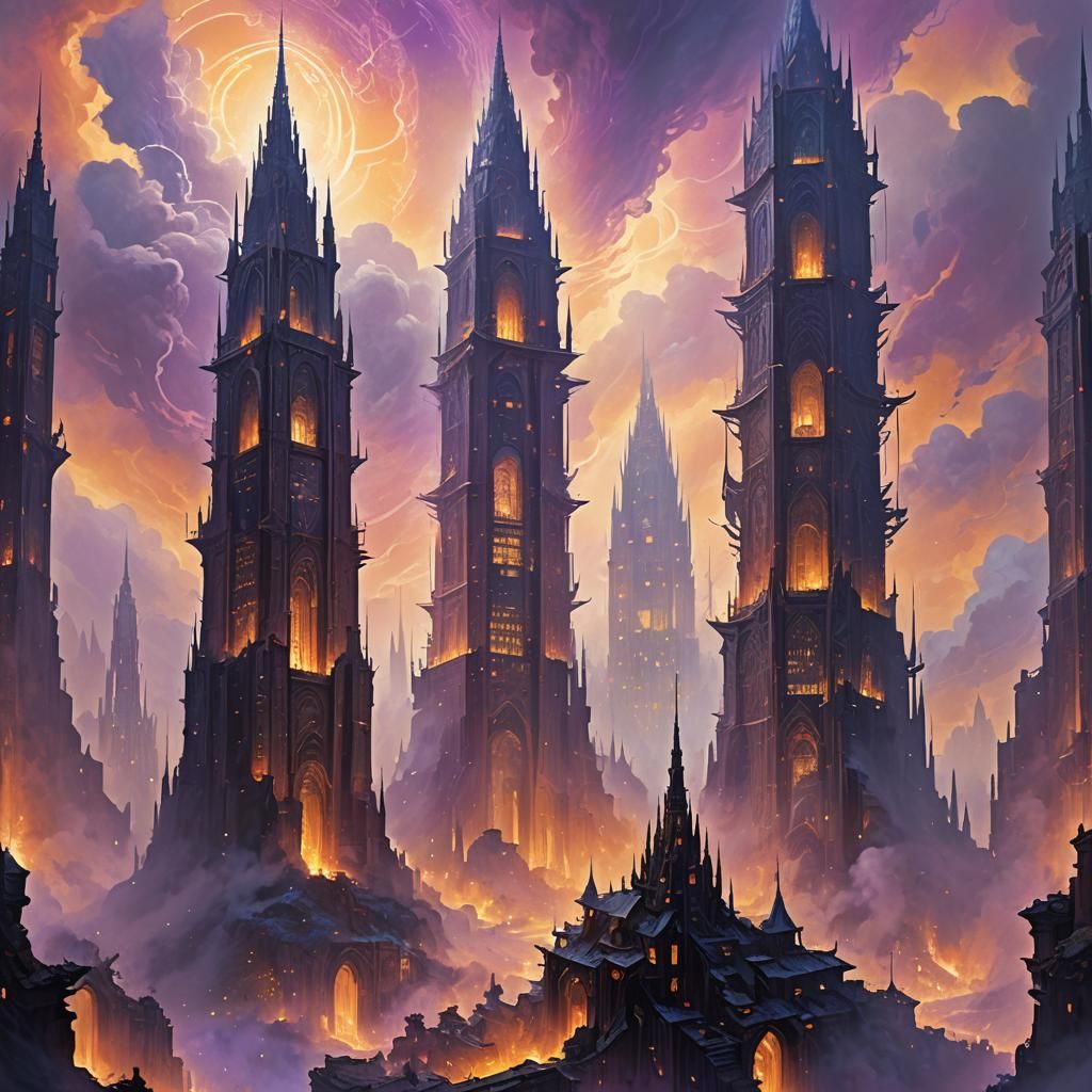 Mystical Towers Rising from Iridescent Mist