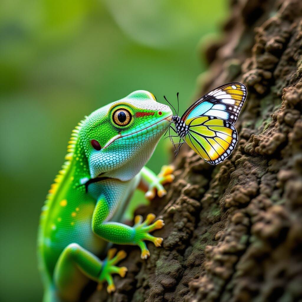 Green Gecko With Butterfly Macro Photo