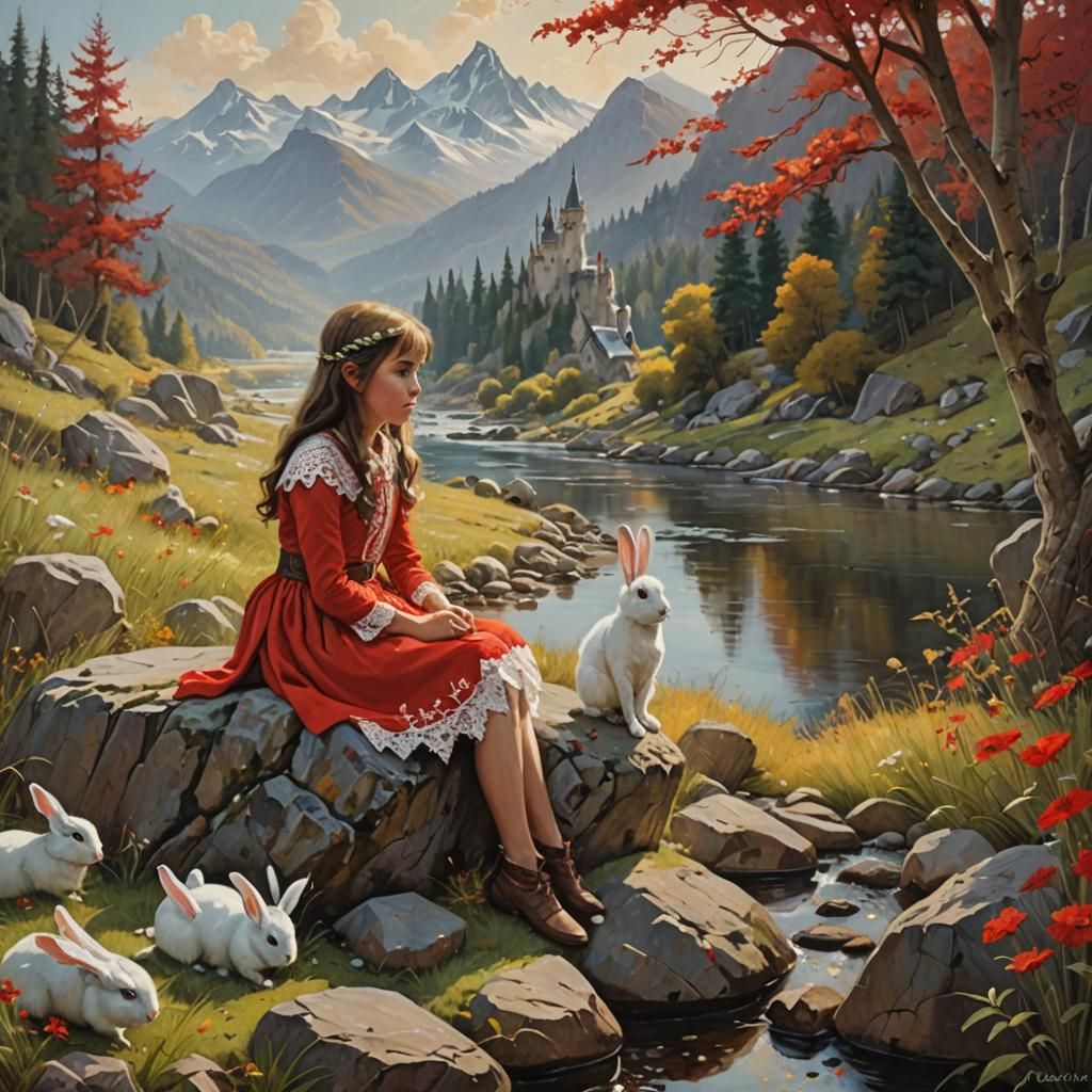 Enchanted Elven Forest with Girl in Red Dress