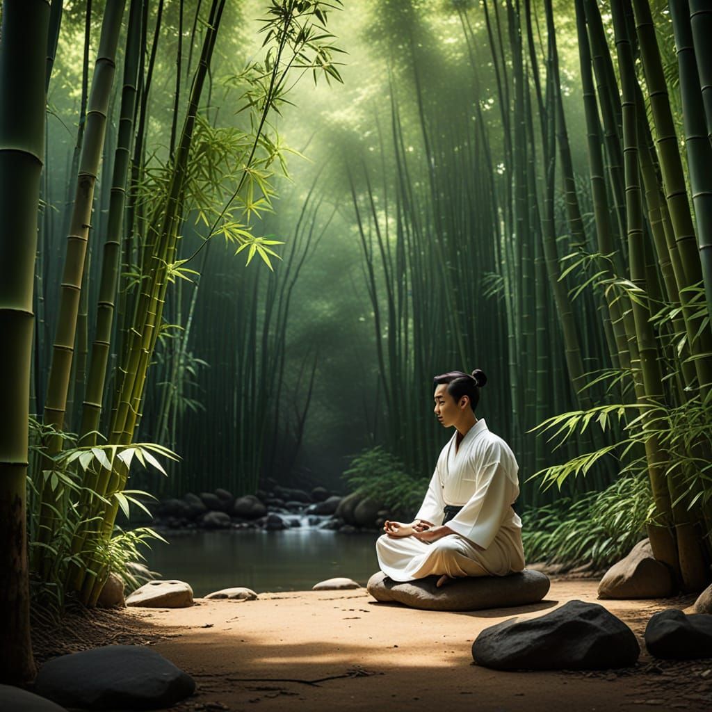 Meditating Martial Artist in Bamboo Forest, Ink Wash