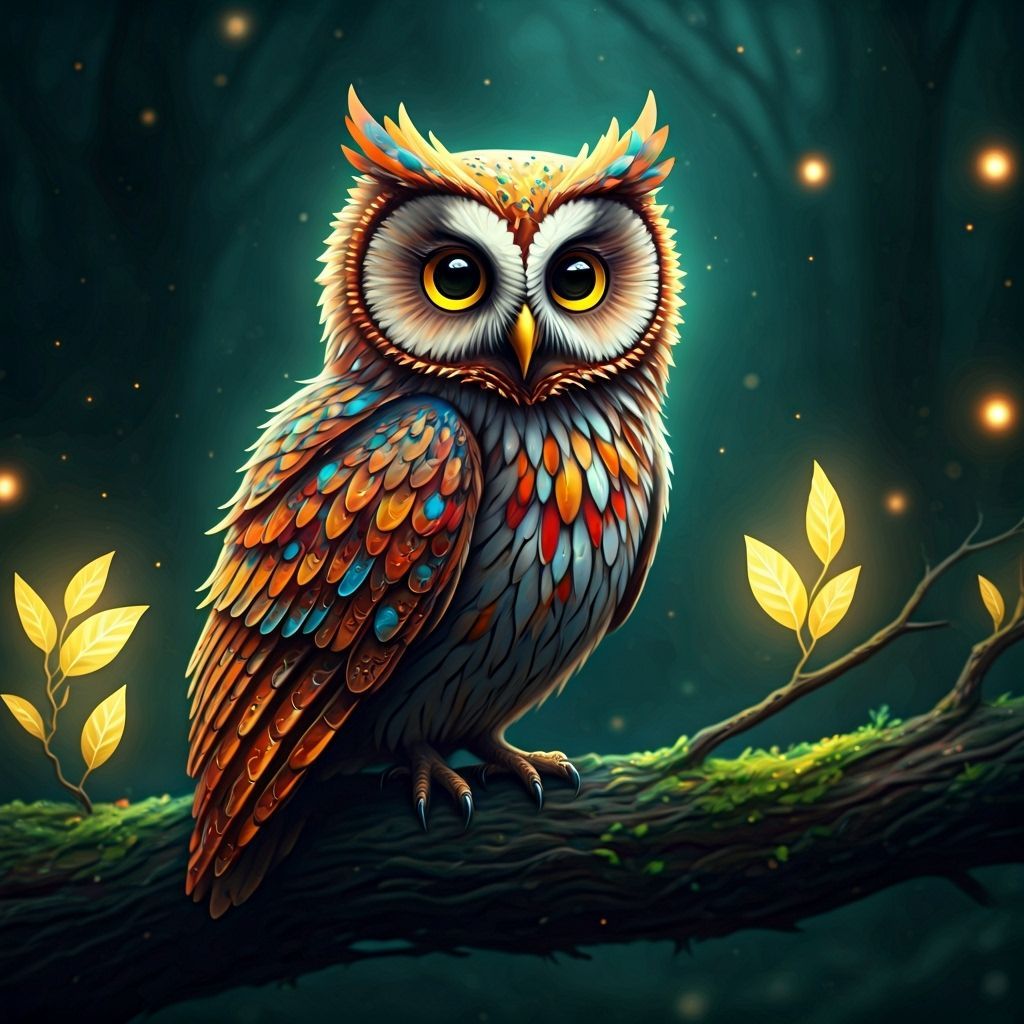 Whimsical Owl on Bioluminescent Tree, Fairy Tale Art Style