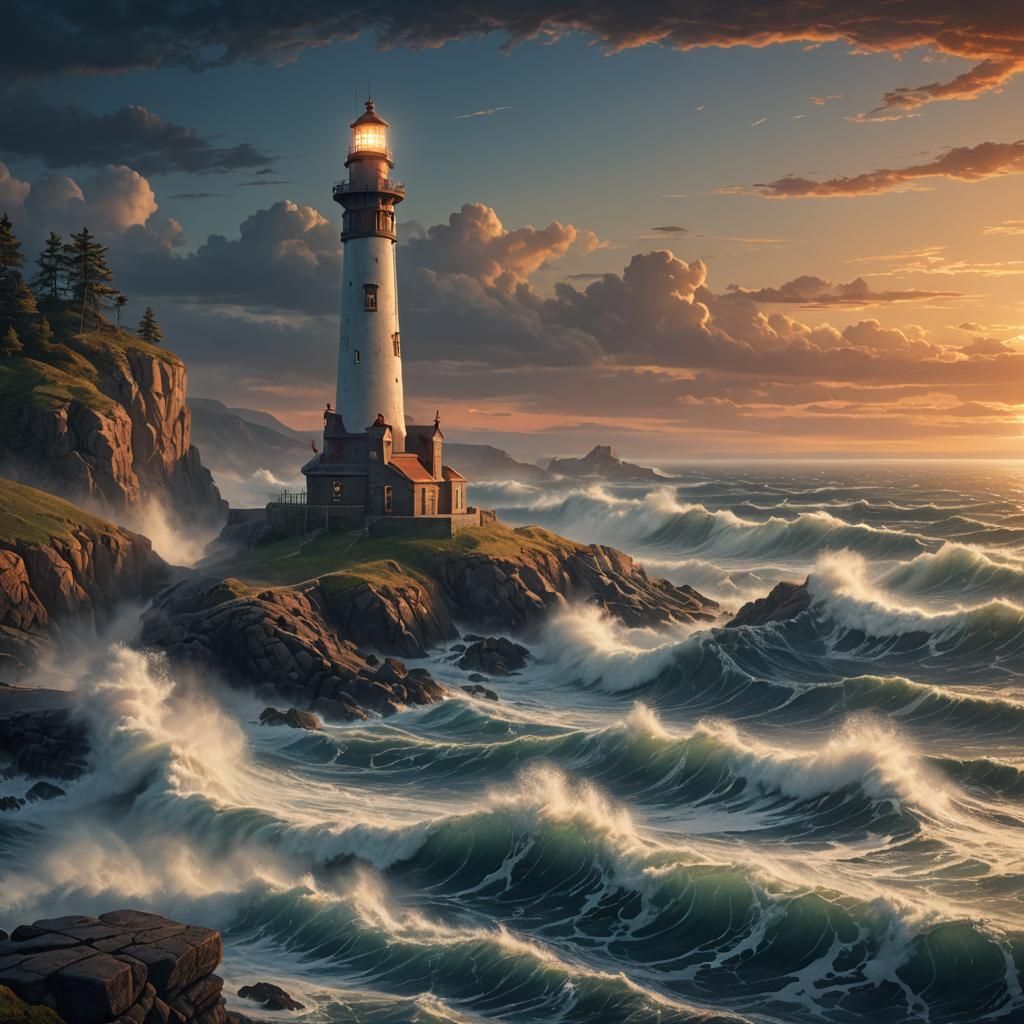 Coastal Lighthouse at Twilight in Fantasy Style