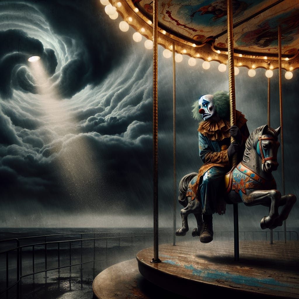 Sad Clown on Neglected Carousel Under Stormy Sky