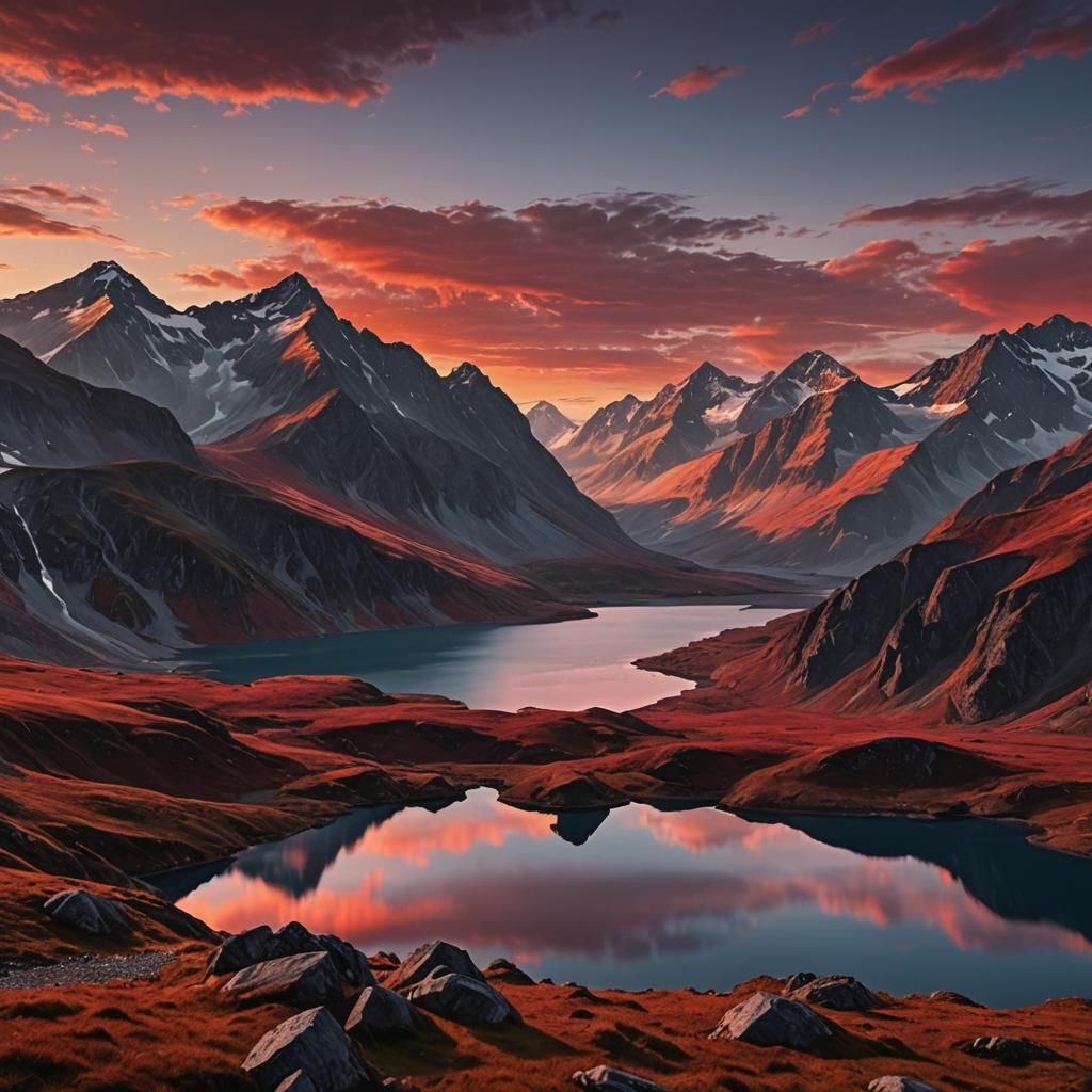 Red Sunrise Over Mountain Lake Landscape