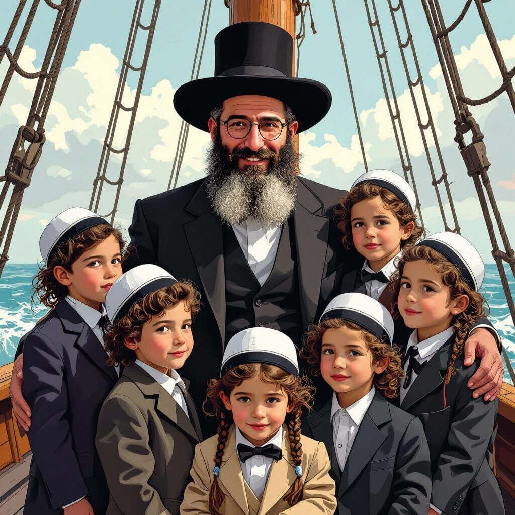 Hasidic Father and Children on Ship in Digital Comic Style