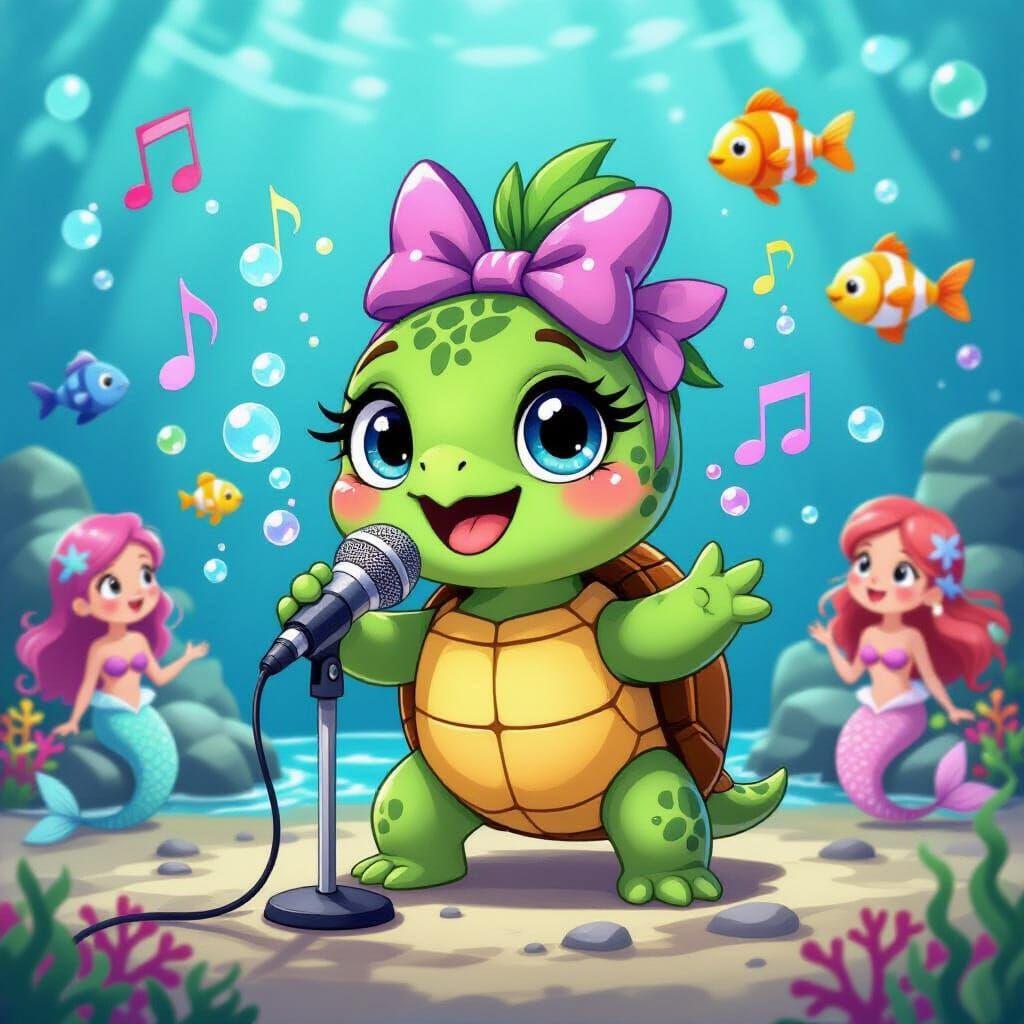 Cartoon Turtle Sings on Ocean Stage, Miyazaki Style
