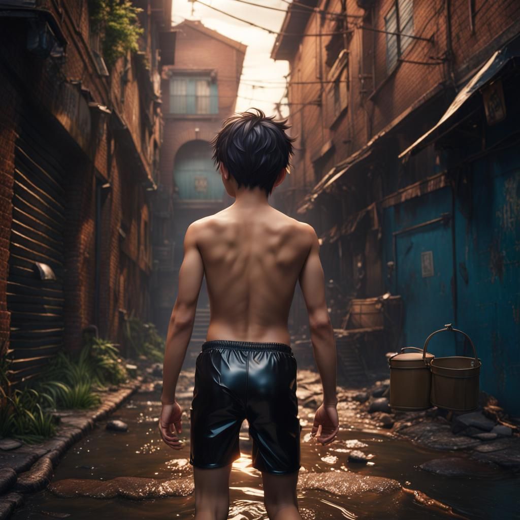 Anime-Style Boy Removing Latex Clothing in Alley