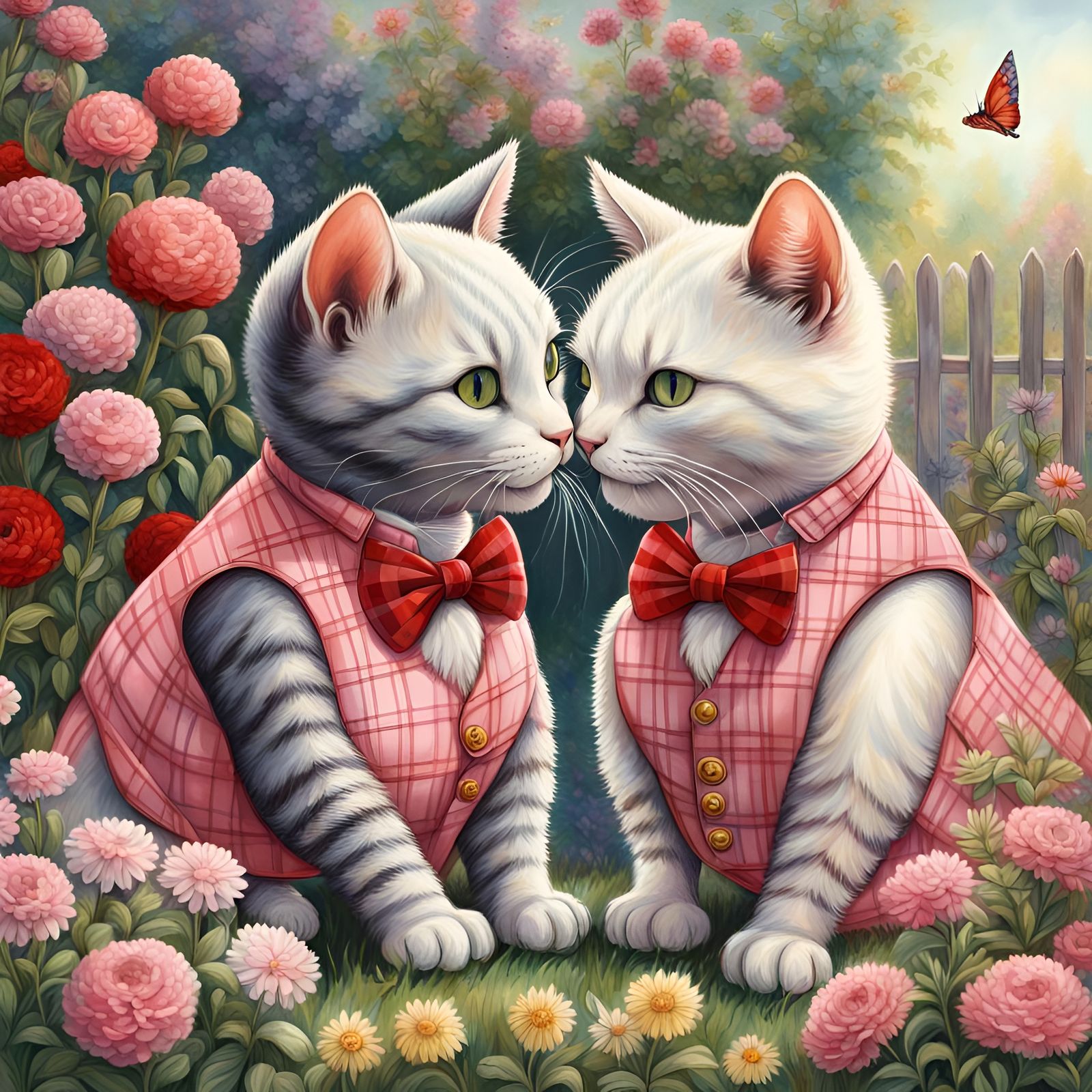Cats in Plaid Vests Touch Noses, Detailed Matte Painting
