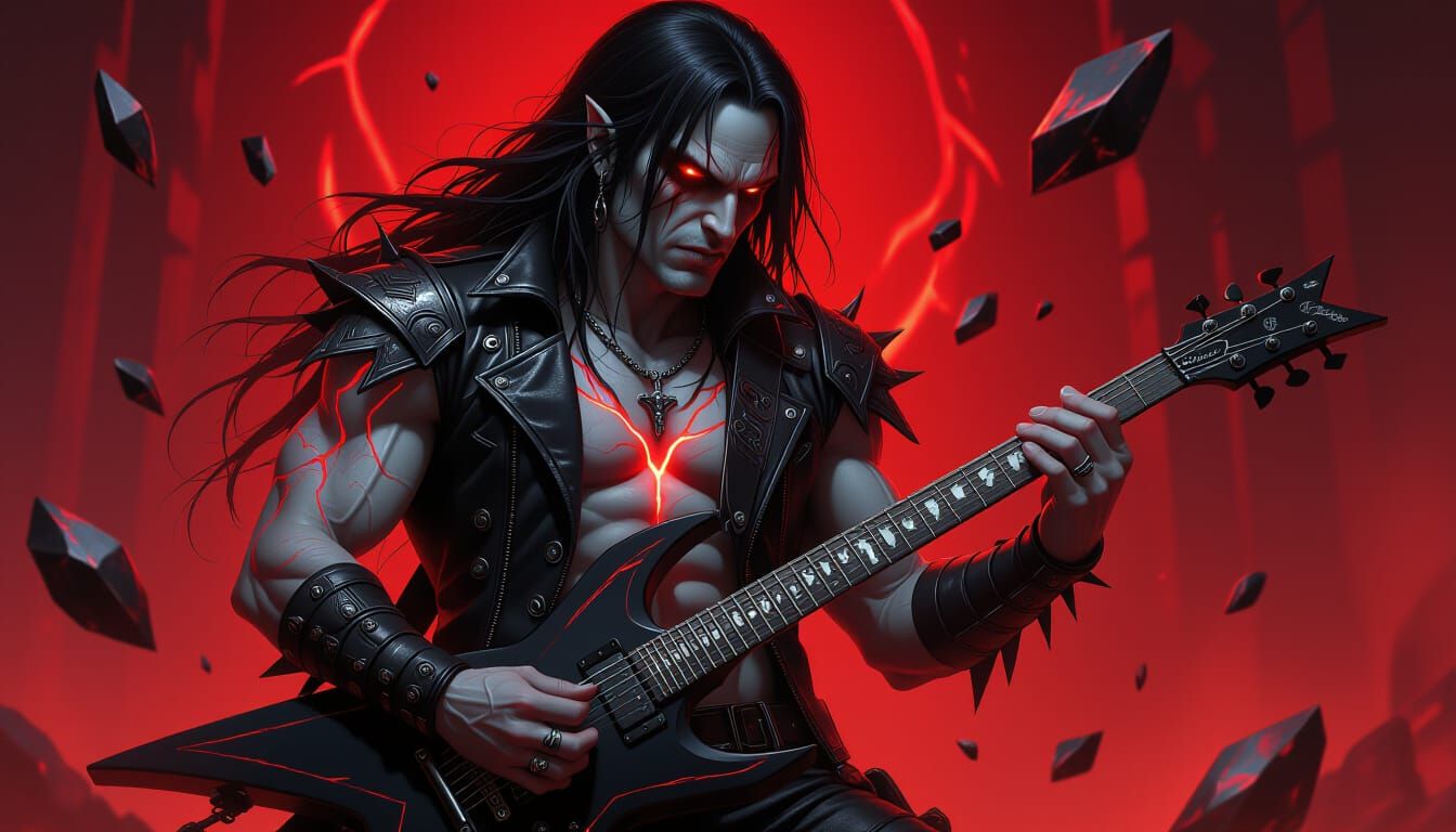 Demonic Rock Guitarist Fighter with Crimson Energy Veins