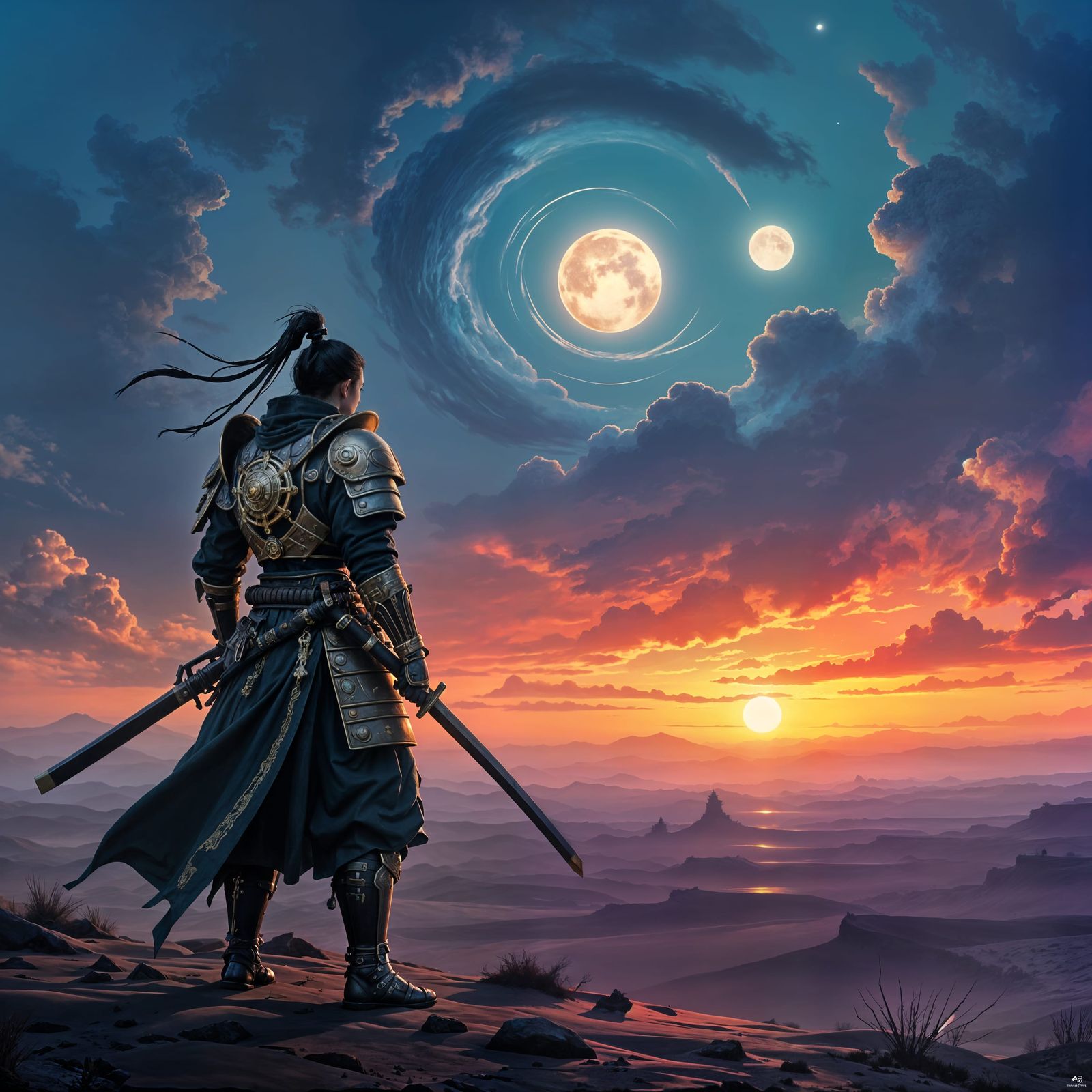 Lone Samurai on Alien Mesa in Steampunk Armor