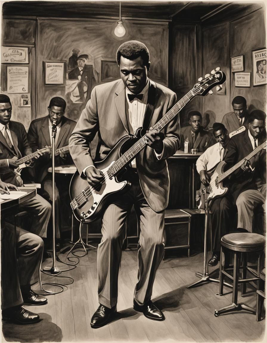 Lone Bassist in 1960s Blues Club: Ink Drawing