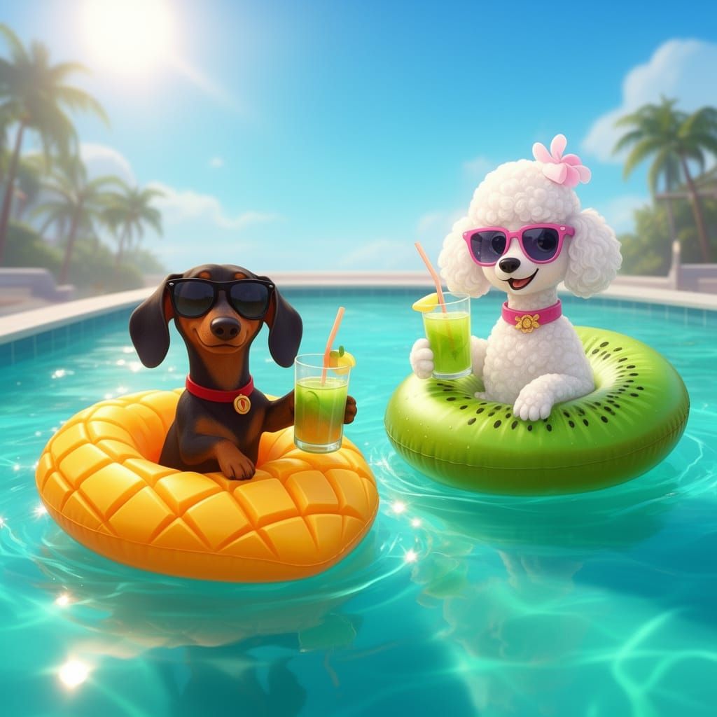 Dogs in Fruit Floats Enjoying Drinks with Glasses