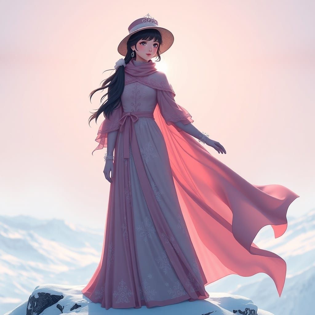 21-Year-Old Woman in Romantic Winter Gown on Snowy Peak