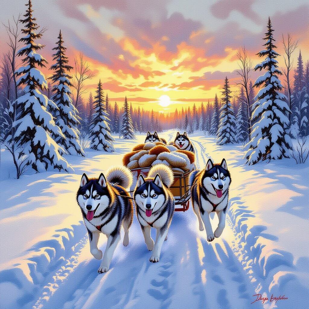 Siberian Huskies Sledding in Winter Landscape Painting