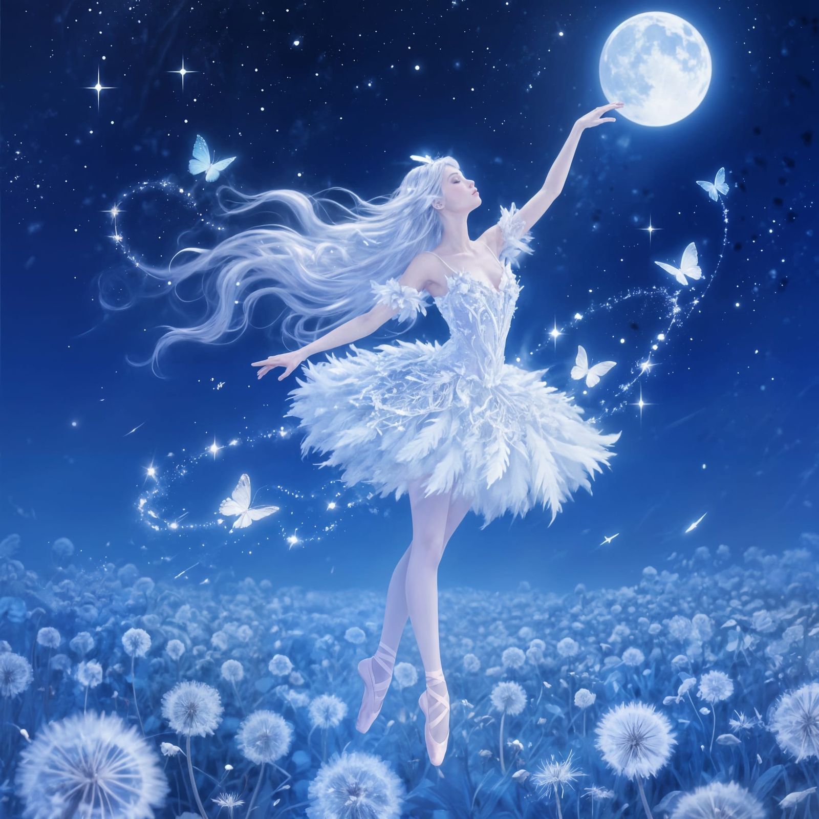Ethereal Ballerina Dancing in Moonlit Dandelions