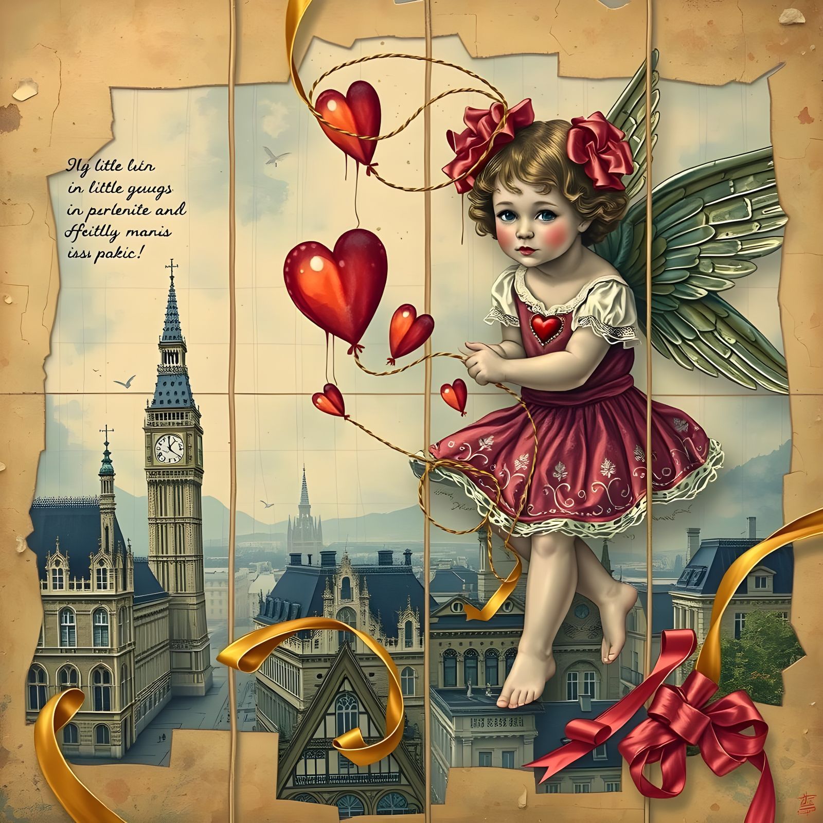 Romantic Fantasy Collage of Cupid in Dreamlike Cityscape