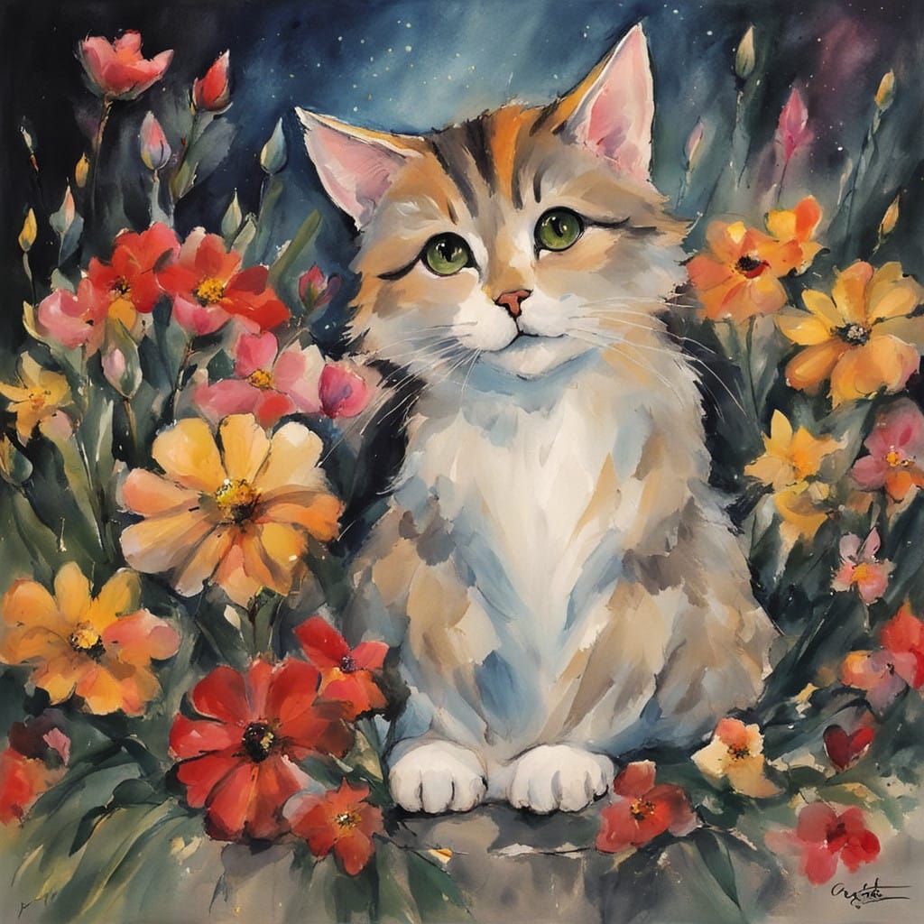 Cute Cat with Flowers in Southwest Style