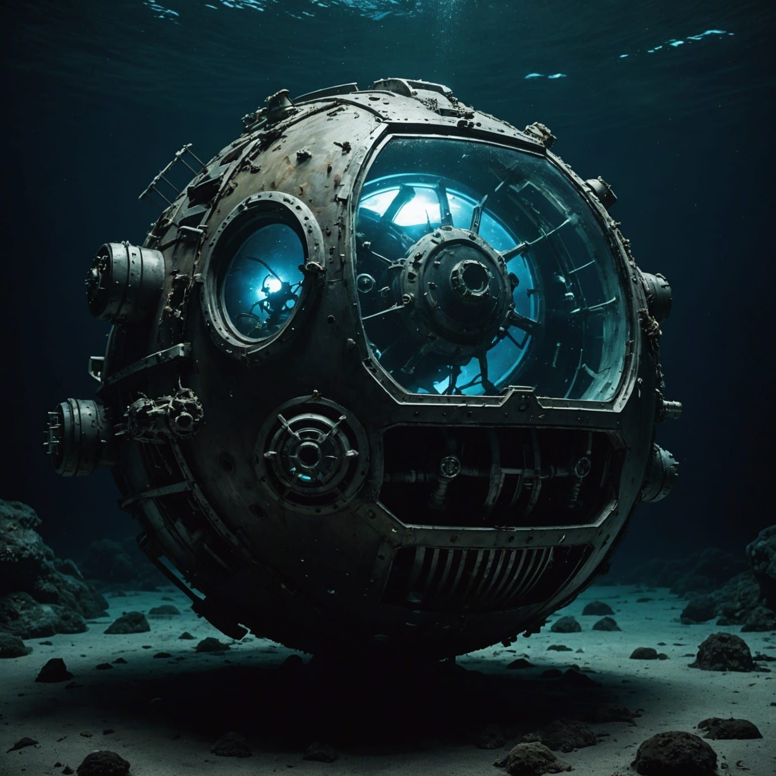 Crushed Underwater Vehicle with Bioluminescent Eyes