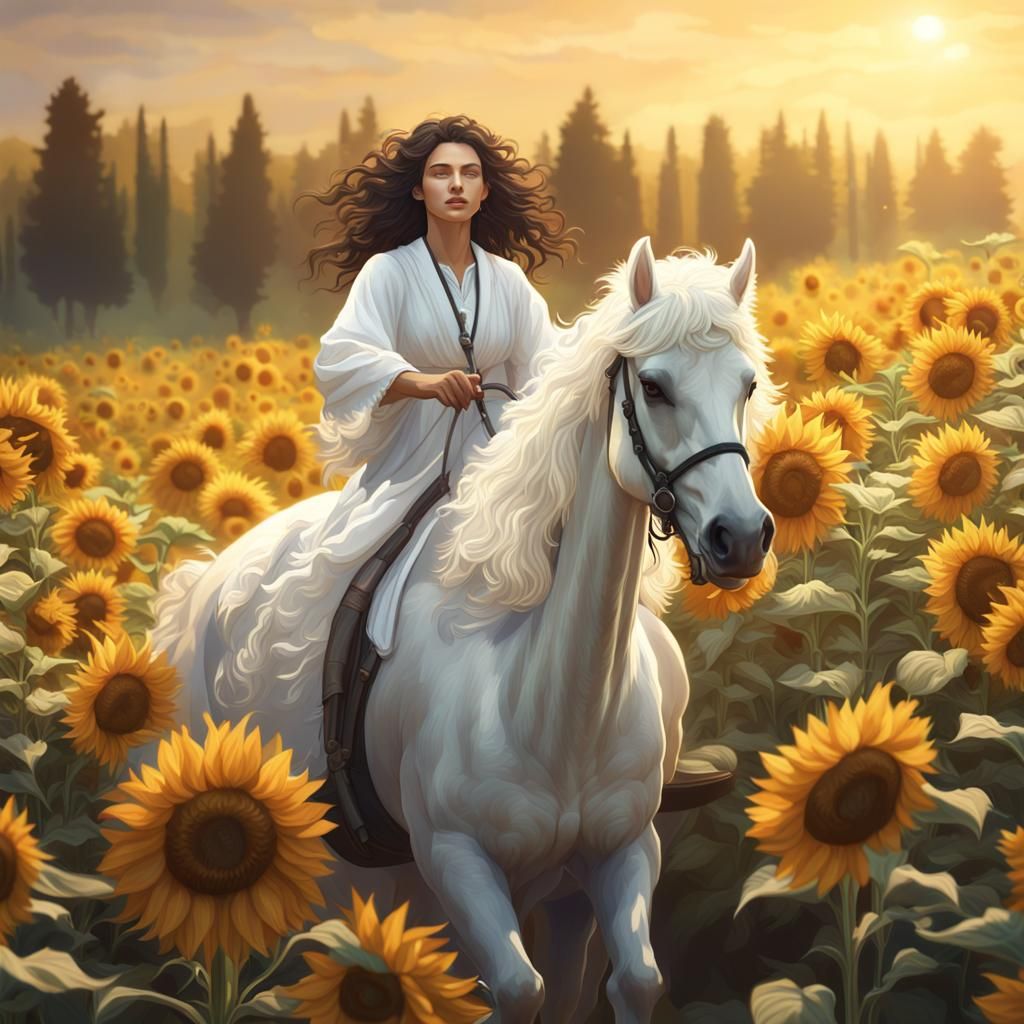 Woman Rides Horse Through Sunflower Field: Hyperrealistic Ar...