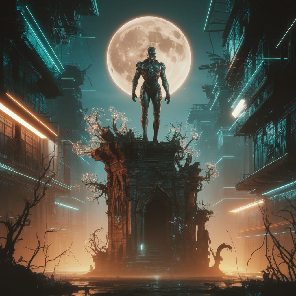 Cyberpunk Moonlit Tower with Bioluminescent Flora