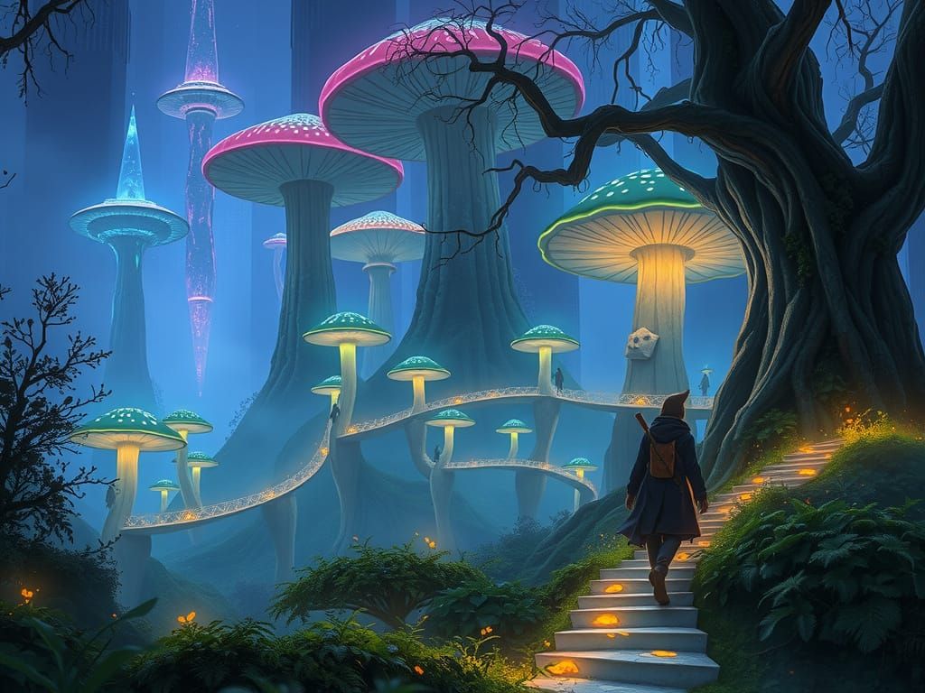 Techno-Wizards in Bioluminescent Fungal City