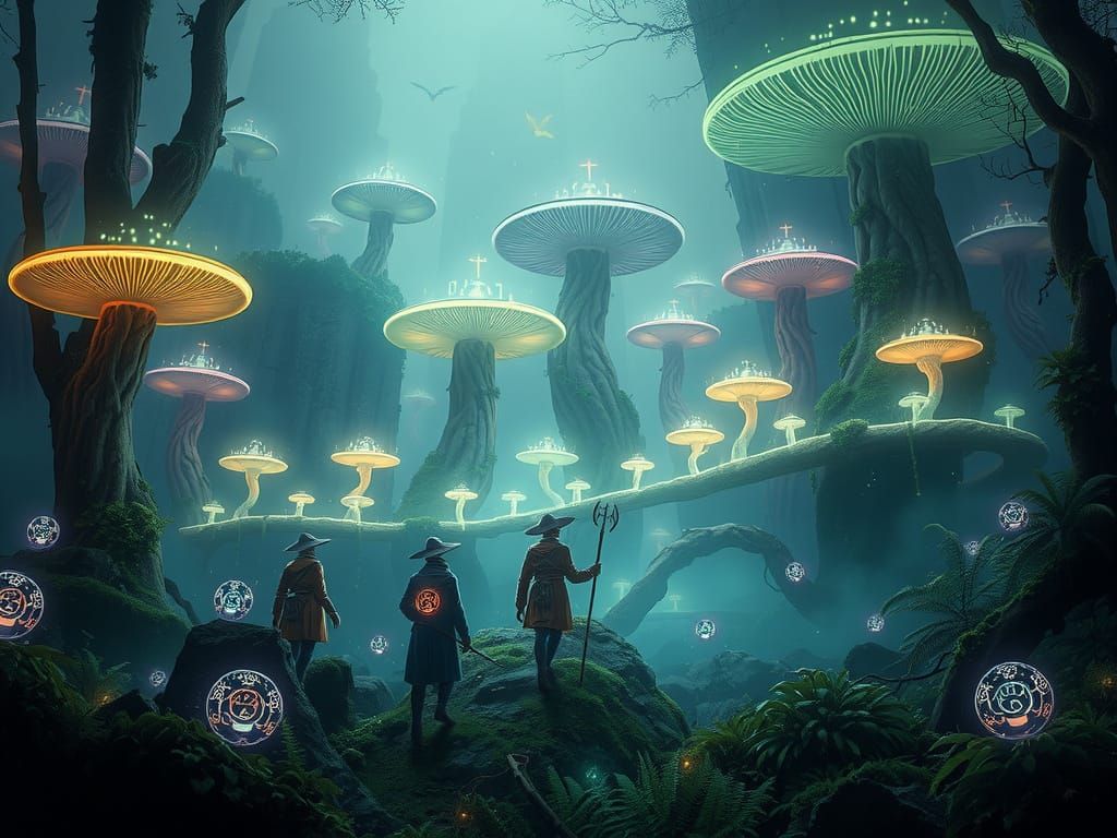 Techno-Wizards in Bioluminescent Fungal City