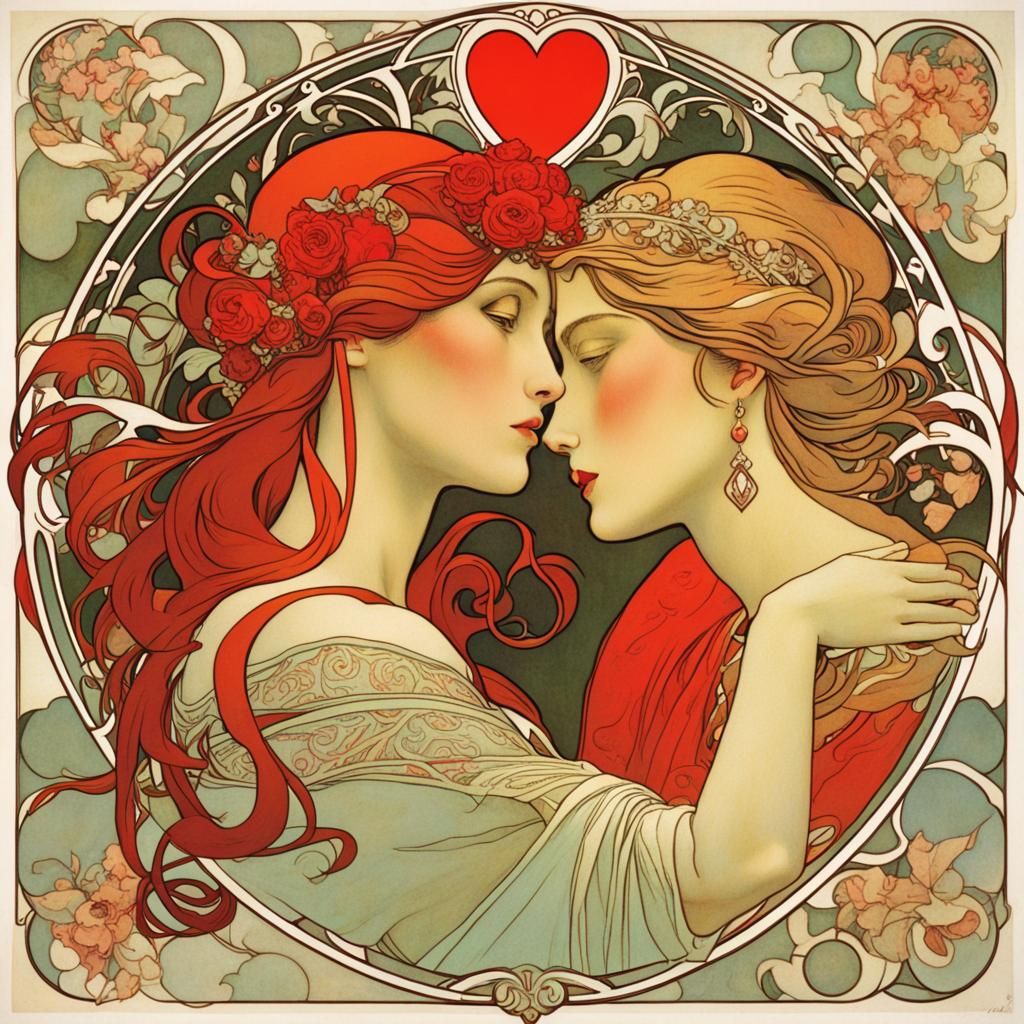 Romantic Red Heart in Art Nouveau Style