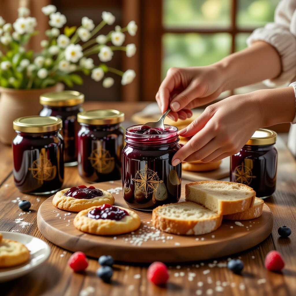 Rustic Kitchen Scene: Jam Jars, Spreading Berries on Cookies