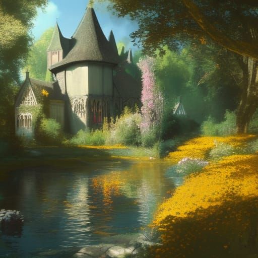 Victorian Village by Turquoise River in Gothic Style
