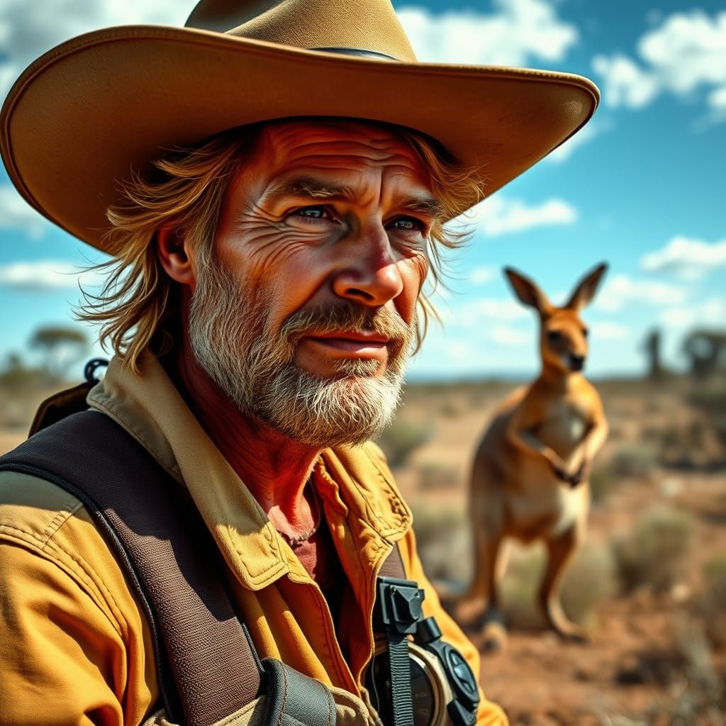 Aussie Man in Rugged Wilderness with Kangaroo