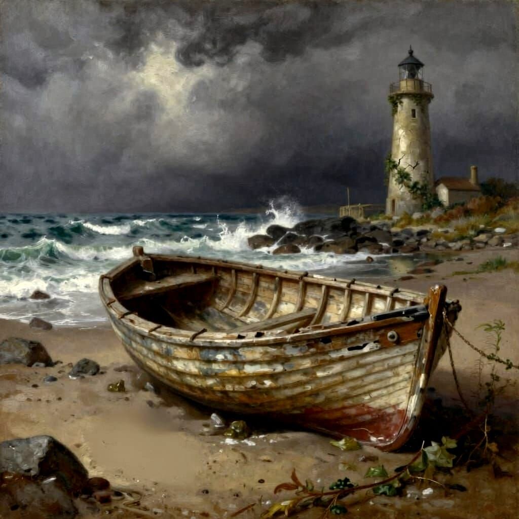 Stranded Boat and Compass on Stormy English Coastline