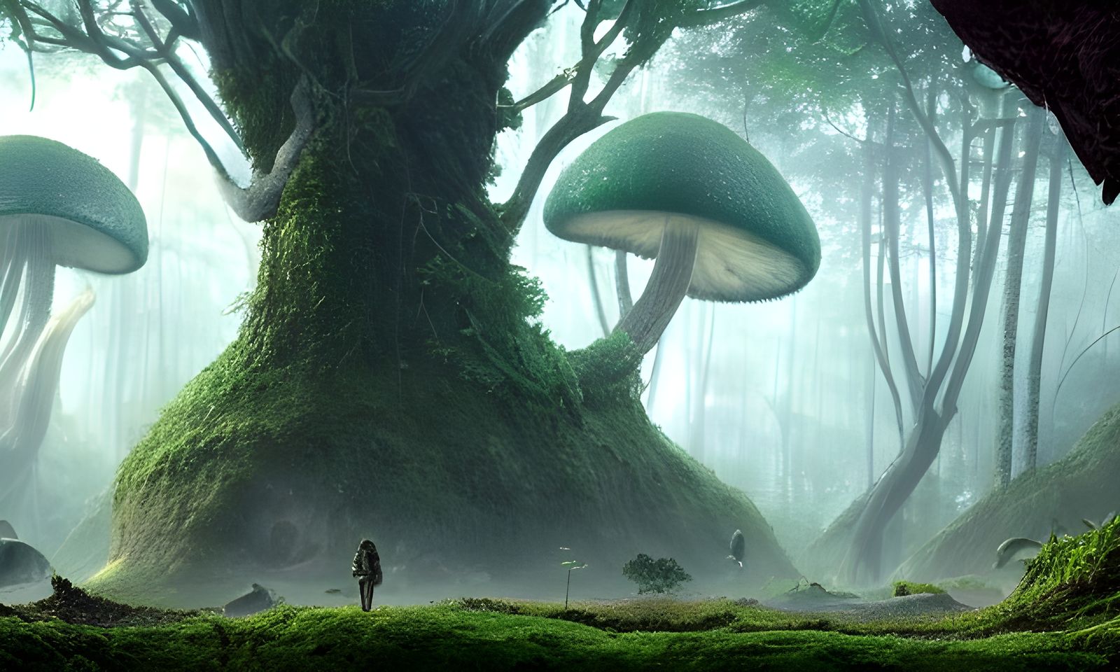 Hyperrealistic Jungle with Giant Trees and Mushrooms